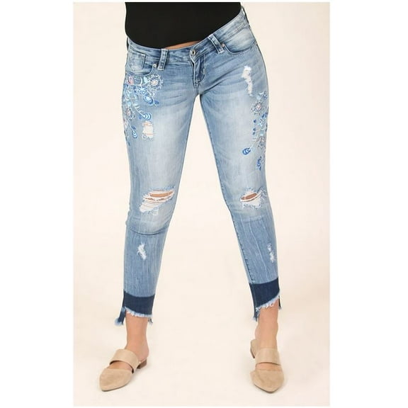 Grace in LA Jeans Women's Distressed Floral Embroidered Junior Fit Skinny Stretch Jeans (24)