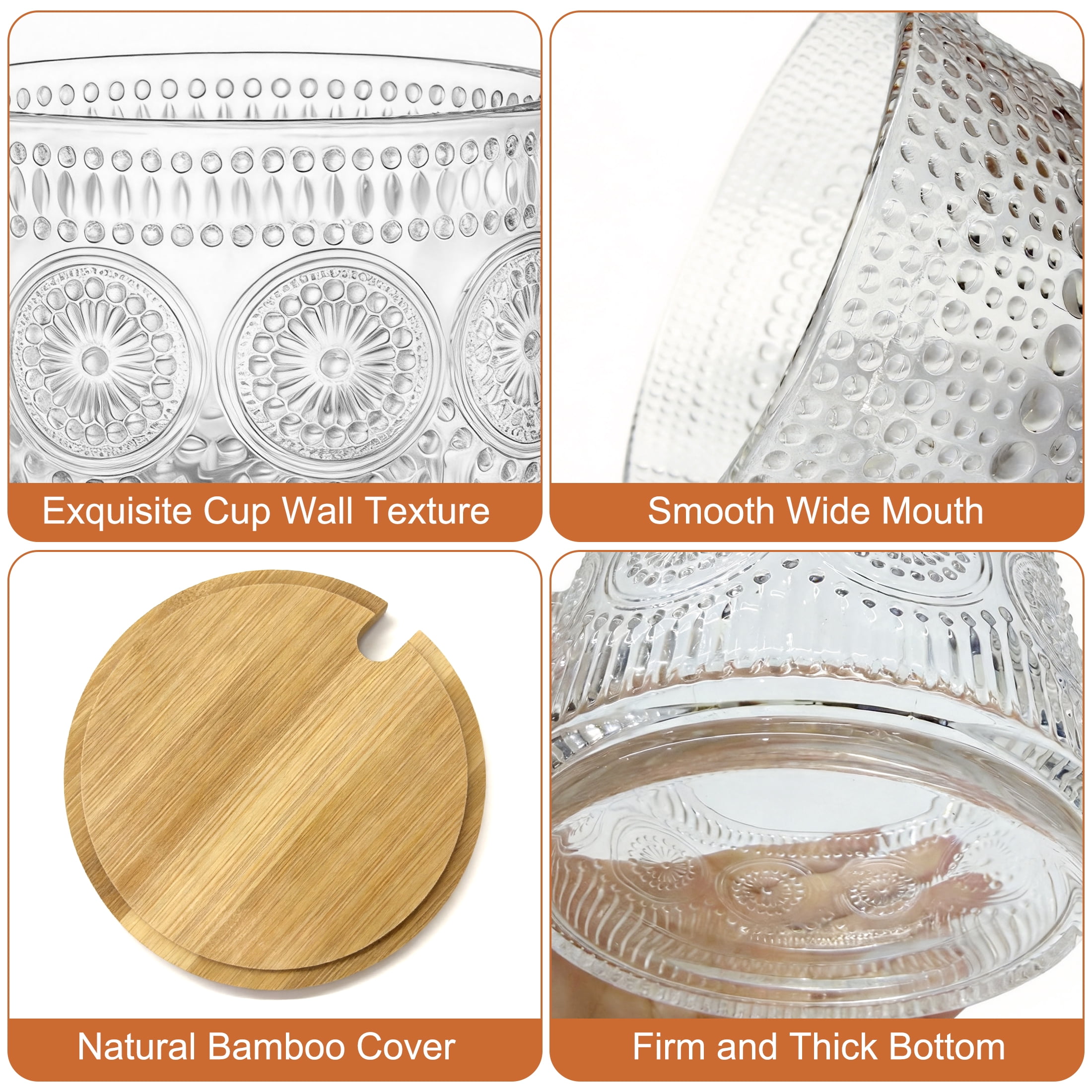 4 Pack Glass Coffee Mugs, 14oz Oatmeal Yogurt Cup with Bamboo Lids and Spoons, Clear Embossed Vintage Glass Cups for Cappuccino, Latte, Cereal, Yogurt