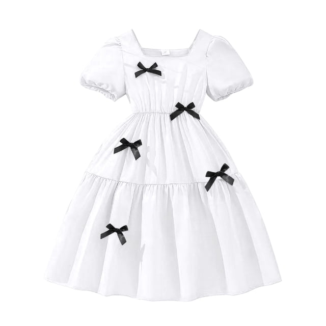 FAOWME Robe à Manches Courtes pour Filles Tout-Petits Robe de Danse Fête Col Rond Robe d'Été Blanche 10-11 Ans