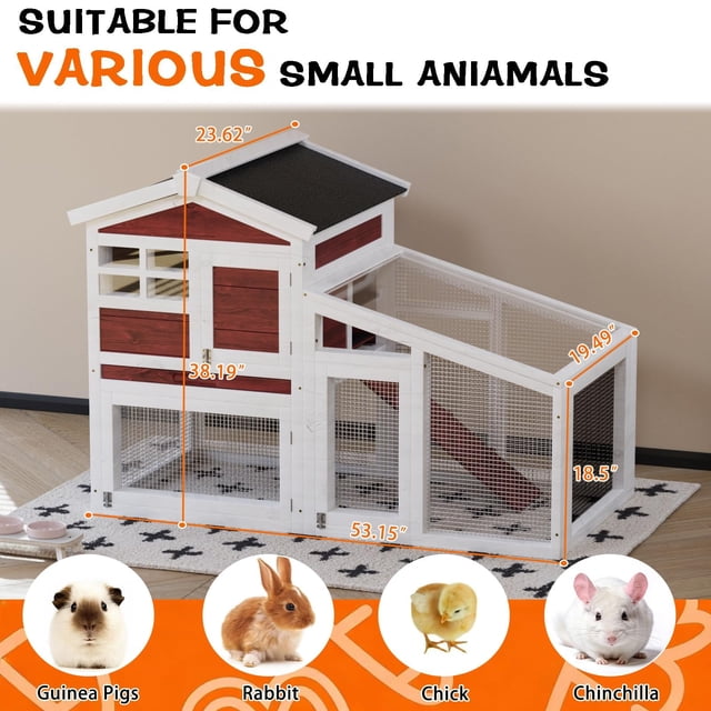 QinaQin Double Layer Rabbit Hutch, Wooden Bunny Cage with Run, White
