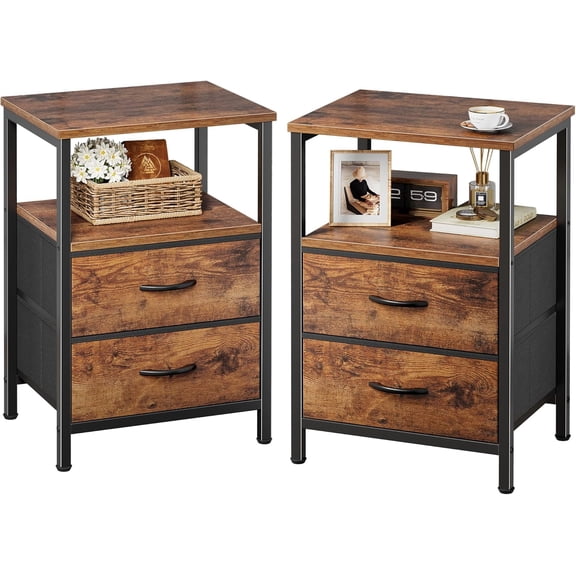 Night Stand Set 2, Nightstand with 2 Drawers, Bed Side Table with Open Shelf, Wooden Top, End Table, Fabric Drawer, for Bedroom, Rustic Brown