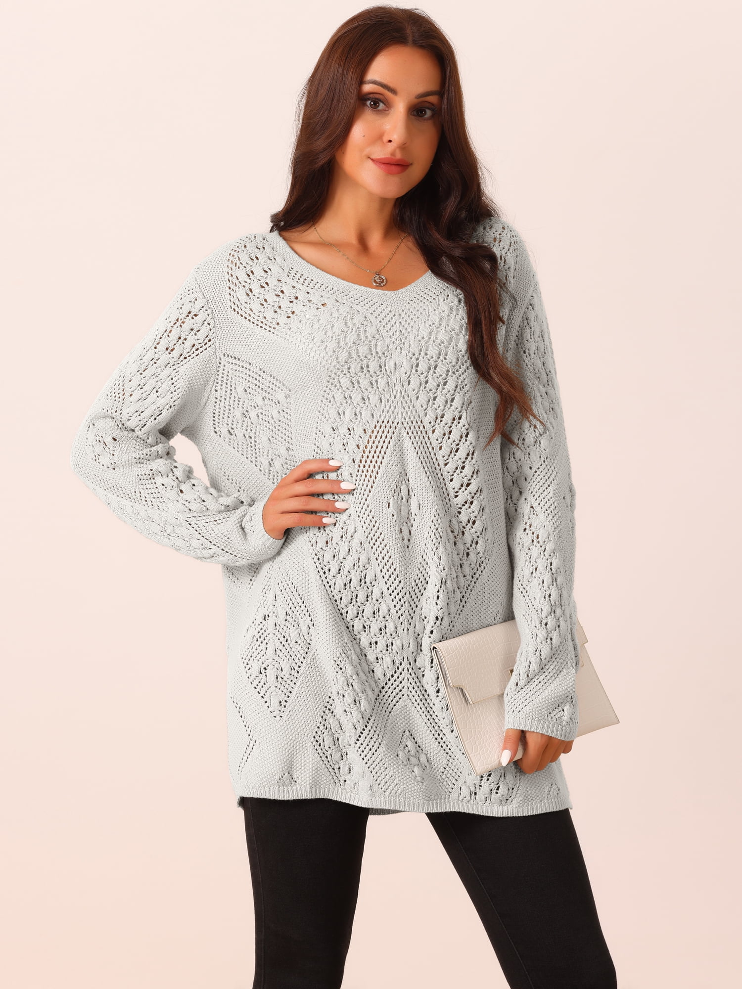 DARING DIVA Hollow Cable Knit Loose Casual Pullover Sweaters S Gray