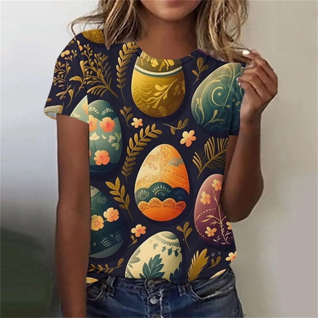 Warop Chemise Décontractée à Imprimé de Pâques pour Femme, Haut à Manches Courtes à Col Rond à Enfiler pour le Quotidien