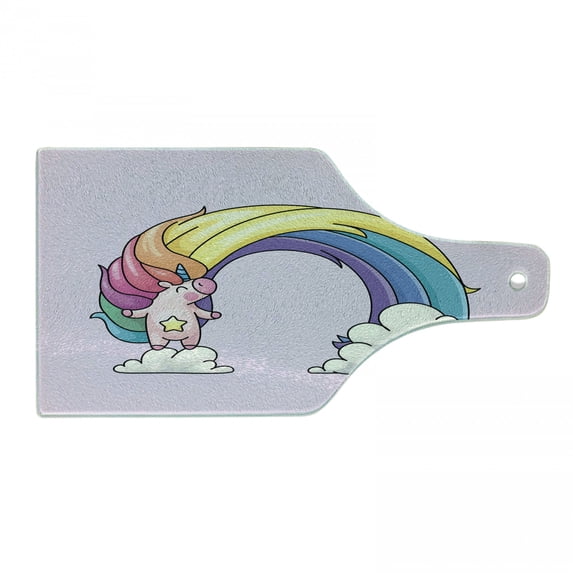 Rainbow Cutting Board, Funny Unicorn over Clouds Colorful Mane Print, Decorative Tempered Glass Cutting and Serving Board, in 3 Sizes, by Ambesonne