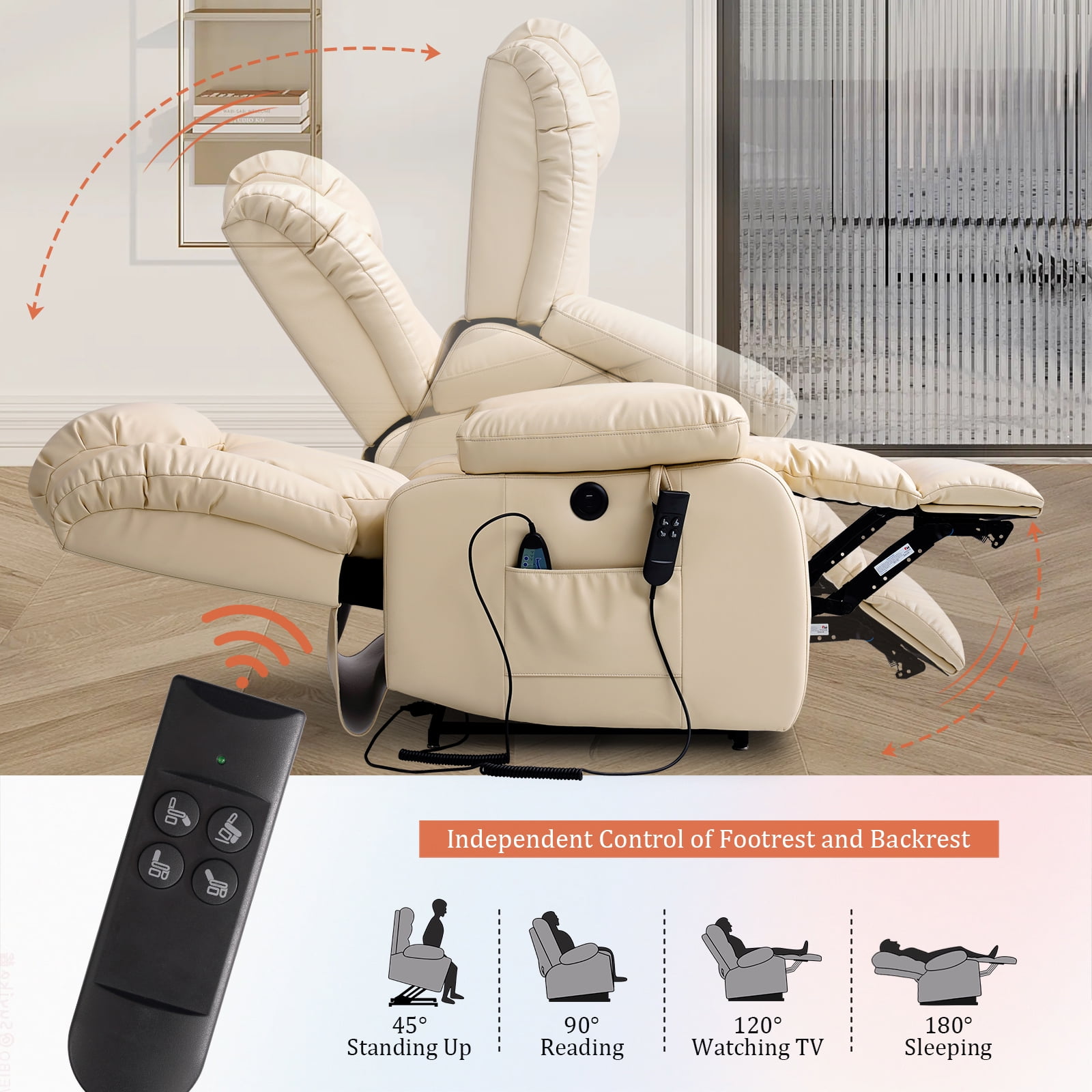 TEKAMON Infinite Position Lift Recliner Chair for Elderly with Heat and Massage Lay Flat Sleeping Leather Dual Motor Power Lift Chair for Living Room (Beige)