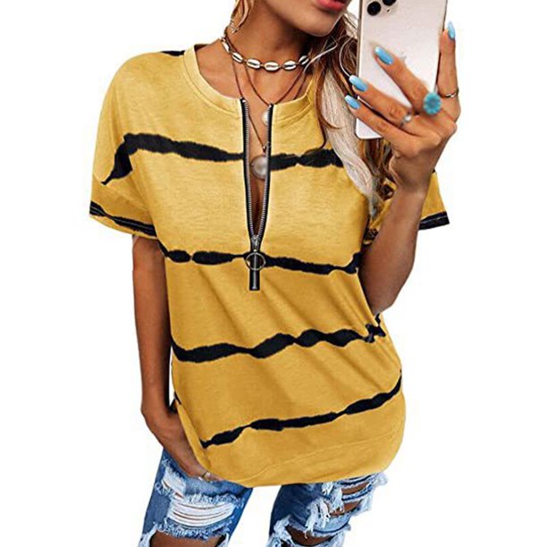 Qarigey Camiseta de algodón para mujer, blusa básica estampada holgada, ropa de diario para niñas, ropa de verano para fiesta de vacaciones en la Prendas para la parte del cuerpo Amarillo L Qarigey AP010364-18
