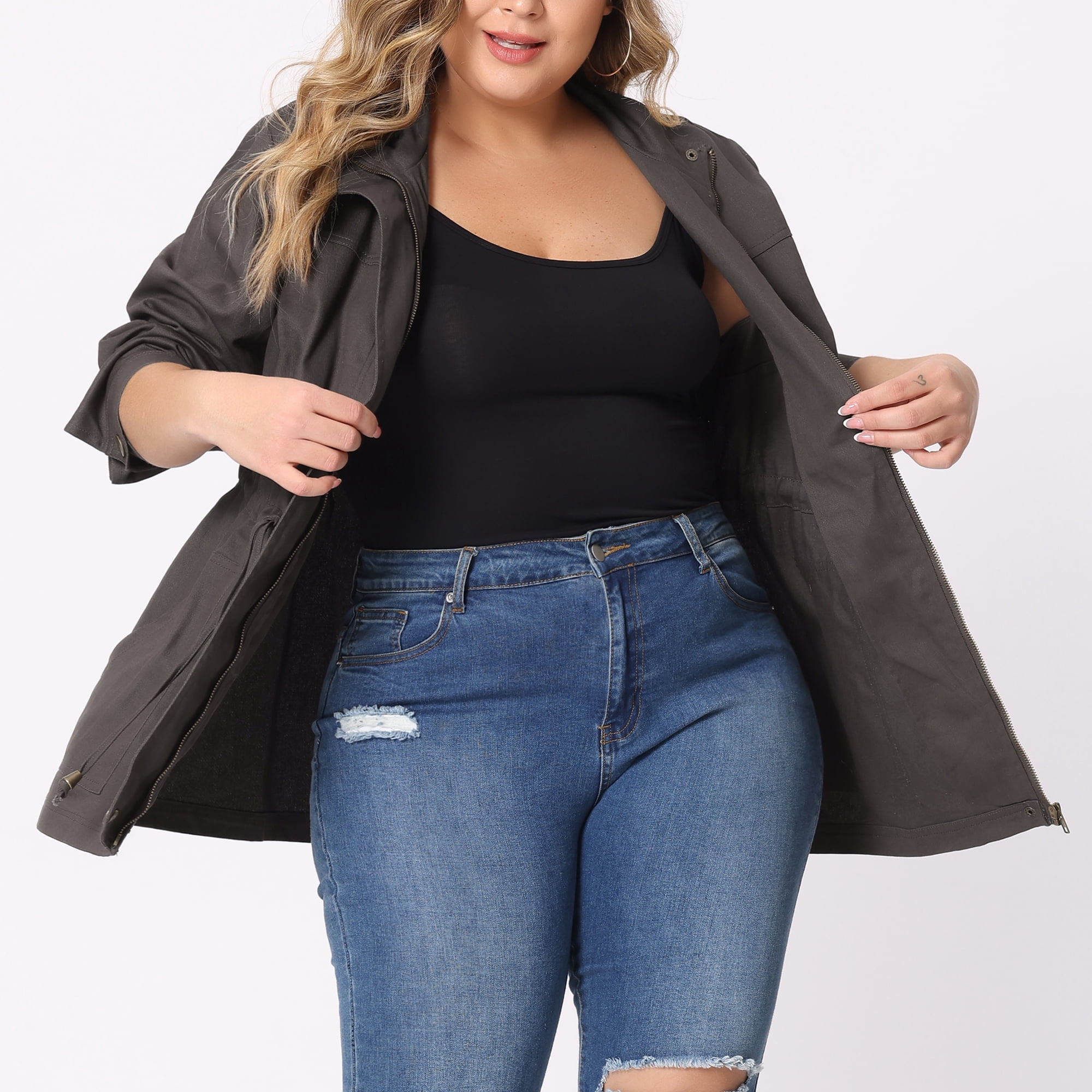 DARING DIVA Women's Plus Size Drawstring Waist Zip-up Utility Jacket 6X Grey