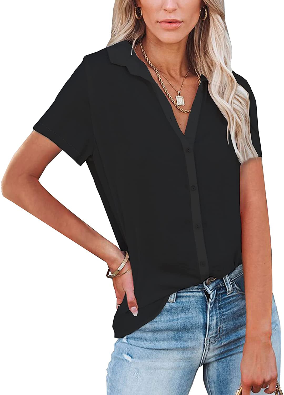 Hotouch Women Shirts Short Sleeve Button Down Up V-Neck Casual Loose Shirts Blouse 