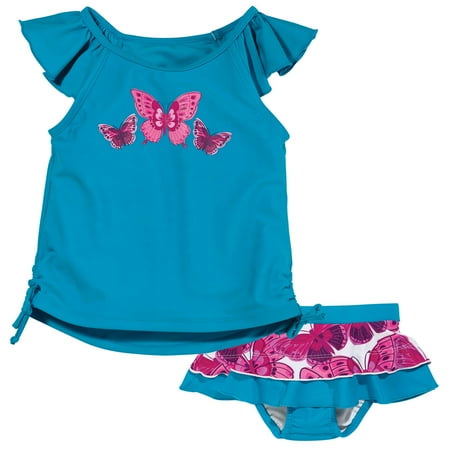 - Sun Smarties Baby Girl Swim Diaper Skirt and Tankini - Blue with Hot Pink Butterflies - 2 Piece Swimsuit