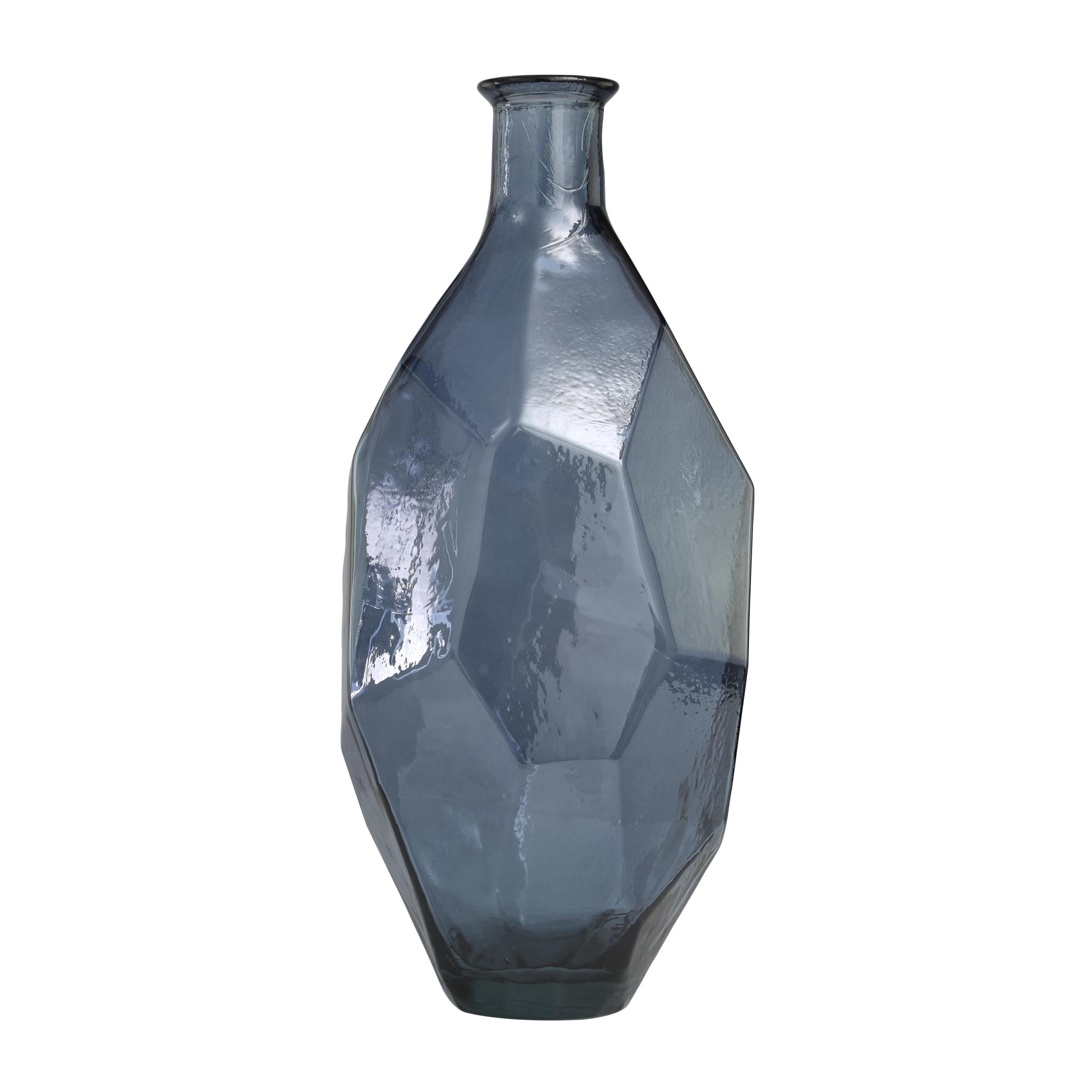 DecMode 24" Abstract Handmade Spanish Bottle Neck Faceted Blue Recycled Glass Vase