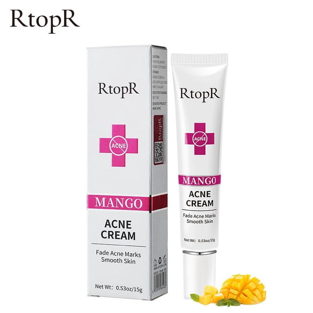rtopr-crema facial antiacné con mango Crema anti-acné 15 ml en tubo y caja blanca con cruz rosa, vista frontal; envase muestra texto "MANGO ACNE CREAM" y logotipo RtopR, boquilla blanca y tapón plateado, trozos de mango al frente; diseño para tratamiento del acné y piel grasa, a menudo usada para atenuar marcas de acné.