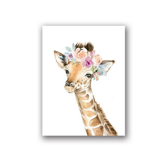 Animals Floral Crown Art Decor Canvas Painting , Baby Girl Prints Animal Giraffe Elephant Lion Wall Art Picture Nursery Poster