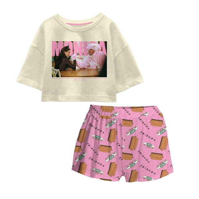 Pijama Friends para Mujer, Cuello Redondo Manga Corta con Short Multicolor Talla G 2 Piezas