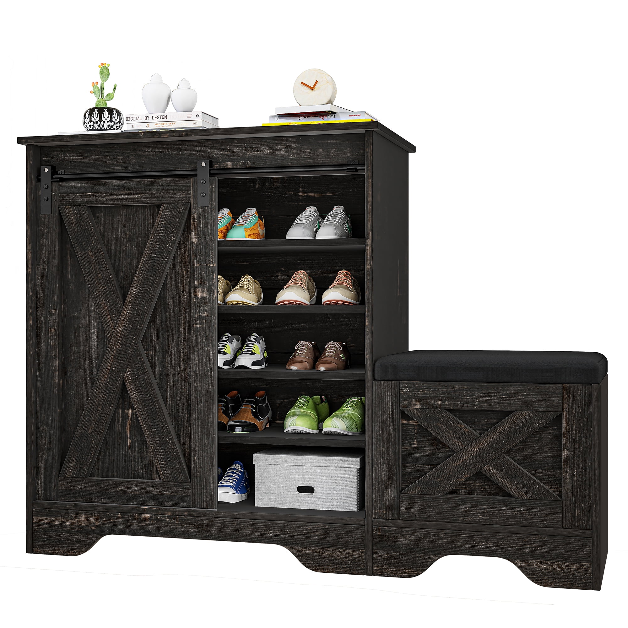 Uforic Shoe Cabinet with Sliding Door & Shoe Bench,Farmhouse Narrow Slim 5-Tier Adjustable Shoe Storage Organizer for 20 Pairs for Entryway, Foyer, Dark Rustic Oak
