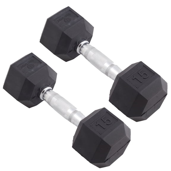 Body Sport Rubber Encased Hex Dumbbell - Set of Two - Black/Metal - 15 Pounds