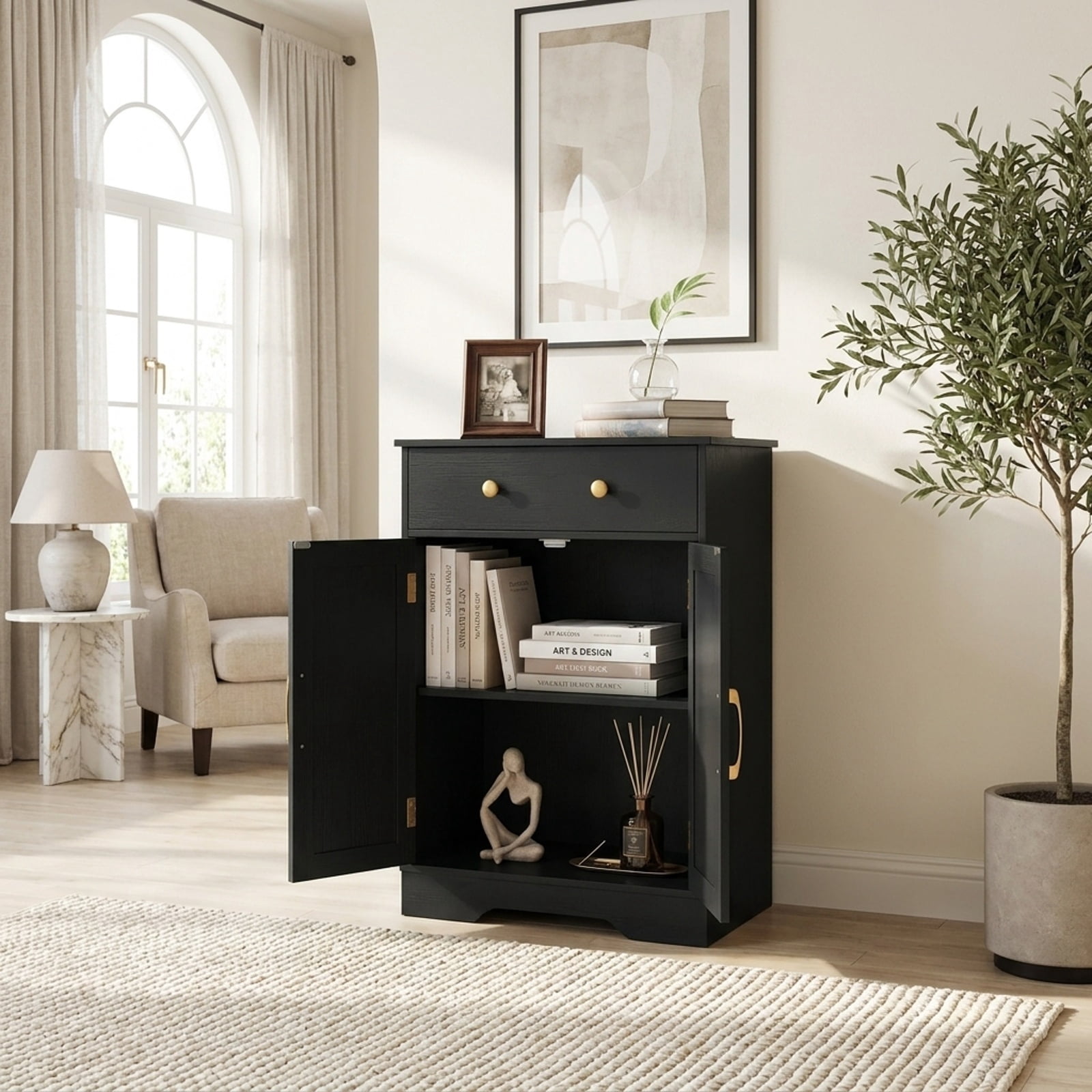 Vebreda Freestanding Floor Storage Cabinet with 2 Doors, Drawer & Adjustable Shelf, Modern Buffet Sideboard Organizer with Gold Knobs for Bathroom Living Room Dining Room, Black