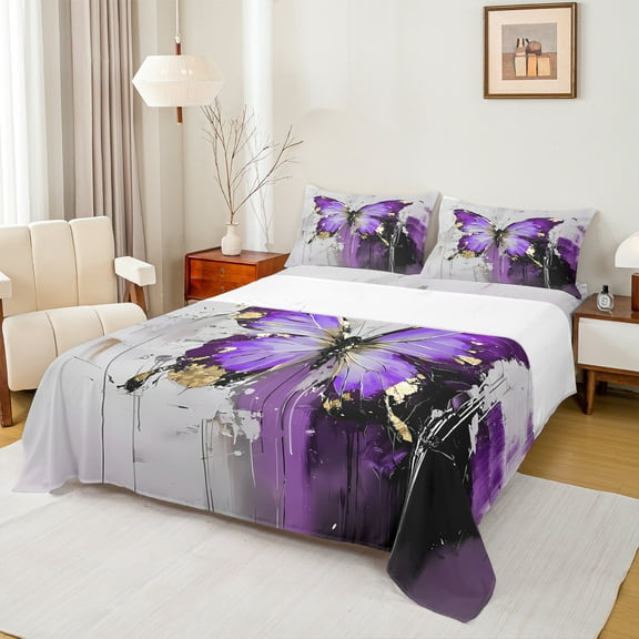 Manfei Dreamy Purple Butterfly Twin Sheet Sets for Female, Oil Printing Twin Fitted Sheet, Romantic Animal Flat Sheet, Ultra Soft Home Decor, 3pcs