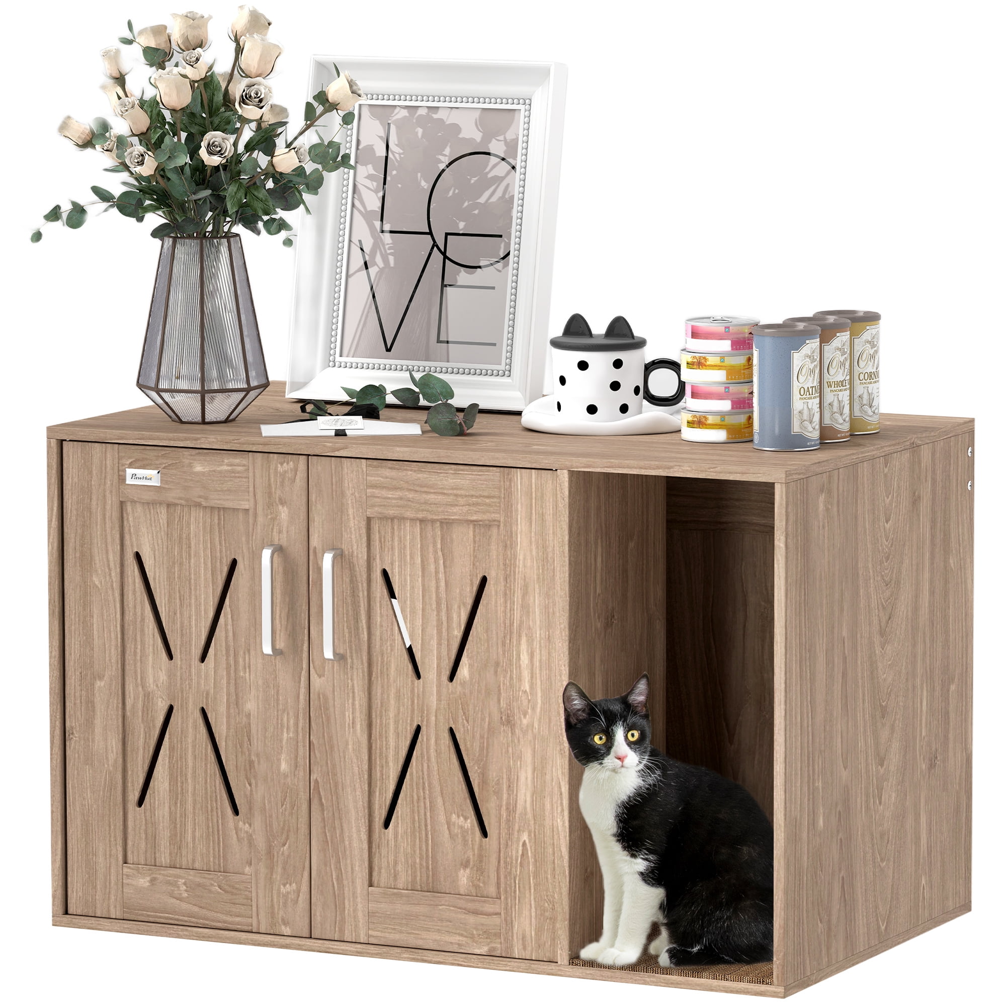 PawHut Cat Litter Box Enclosure, Hidden Litter Box Furniture with Scratching Board, Cat Washroom End Side Table, 31.5" x 19" x 20", Walnut Brown