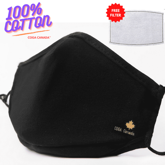 COGA Canada™ 100% Cotton Reusable Face Masks - 2 Layer Black with FREE Filter