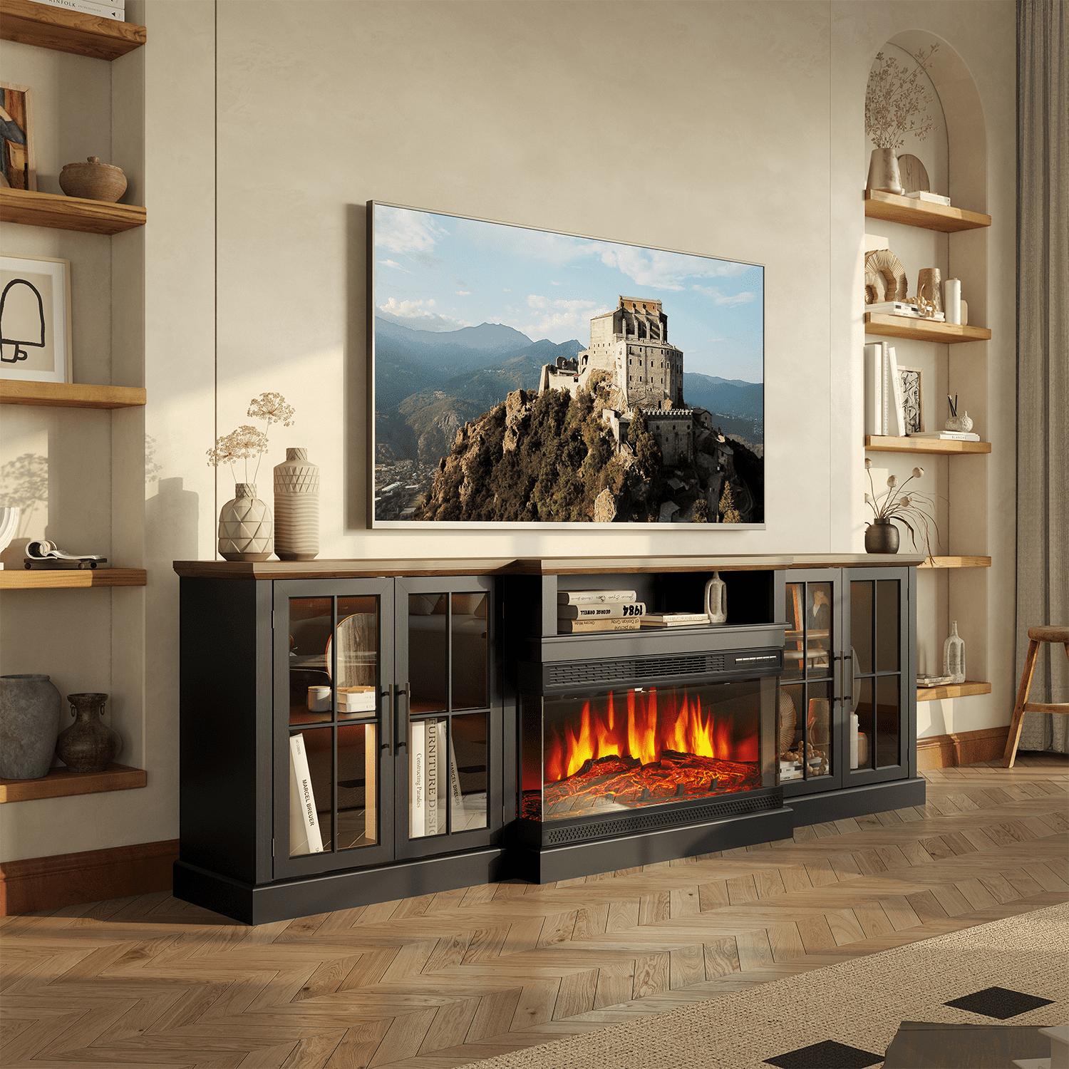 BaPiPro 98" Farmhouse TV Stand with Fireplace for TVs up to 100", Black Fireplace TV Stand Media Entertainment Center with Large Storage Cabinets for Living Room, Black