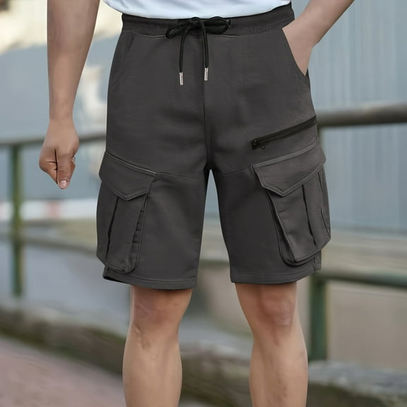 PNTUTB Summer Men's Solid Color Outdoor Casual Sports Elastic Waist Drawstring Zipper Multi-Pocket Workwear Shorts