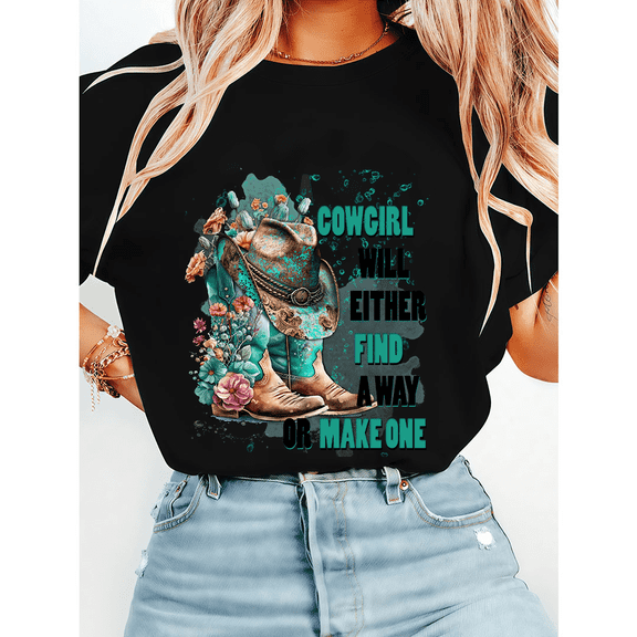 Womens Cowgirl Boot Flower Print T Shirt Western Graphic Tees Short Sleeve Cotton Pattern Tops for Daily Outfits Black,5XL