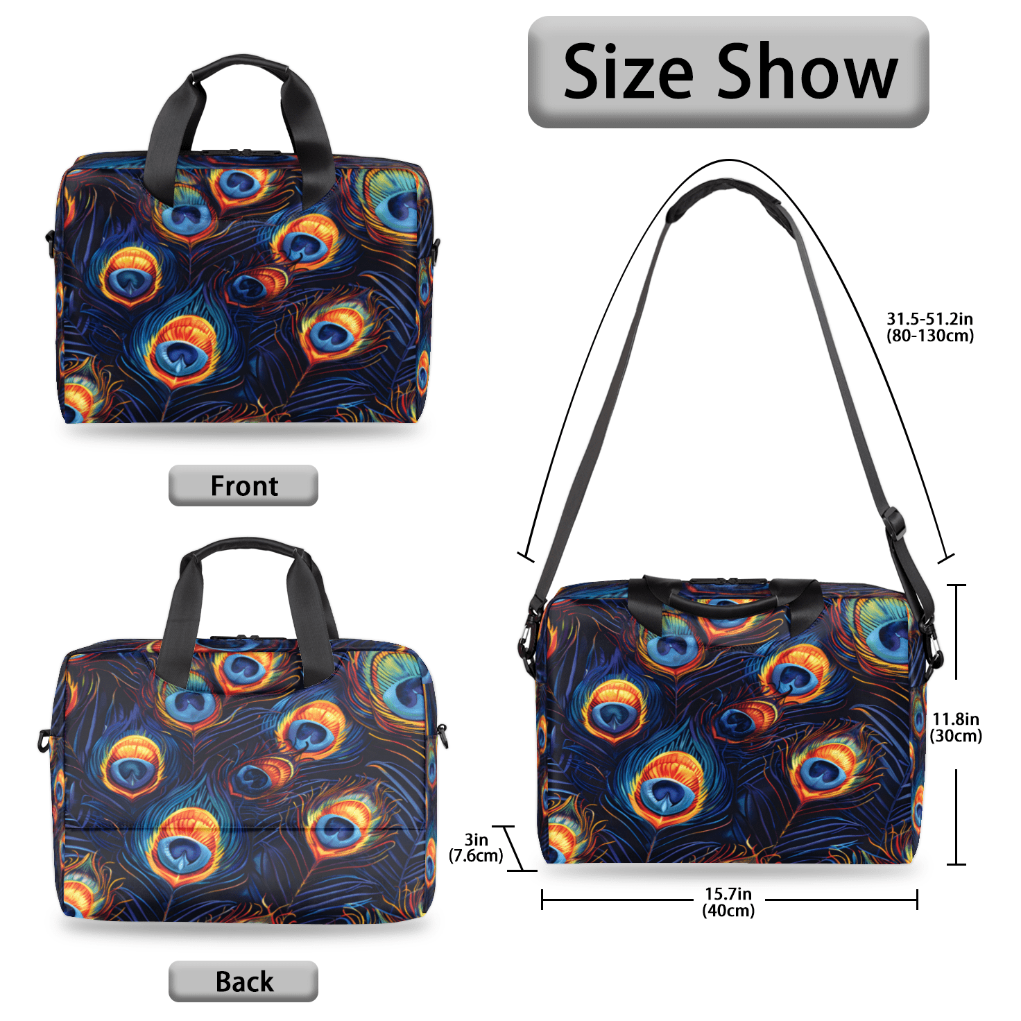 Herdesigns Wild Animal Peacock Feather Laptop Bag for Women Men, Computer Case Briefcase Messenger Bags, 15-15.6 inch Laptop Sleeve Shoulder Bag