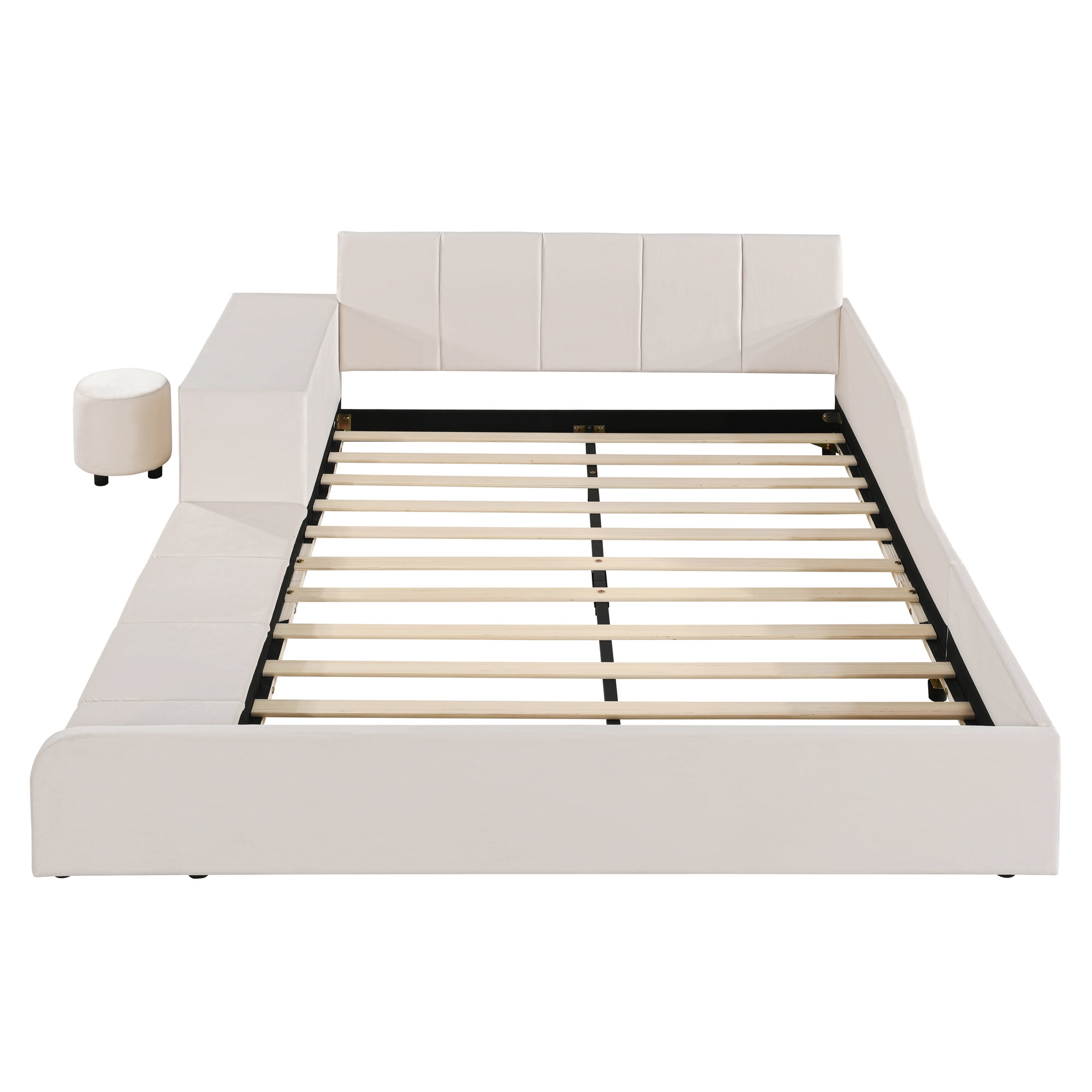 Aukfa Full Size Mother & Child Bed Frame, Velvet Upholstered Platform Bed with Bedside Desk & Stool, Grounded Design, Beige