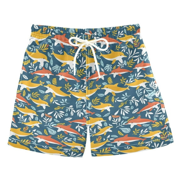 joogoo Boys Swim Trunks Cartoon Dolphins and Leaf Beach Board Shorts Drawstring Swimsuit XS