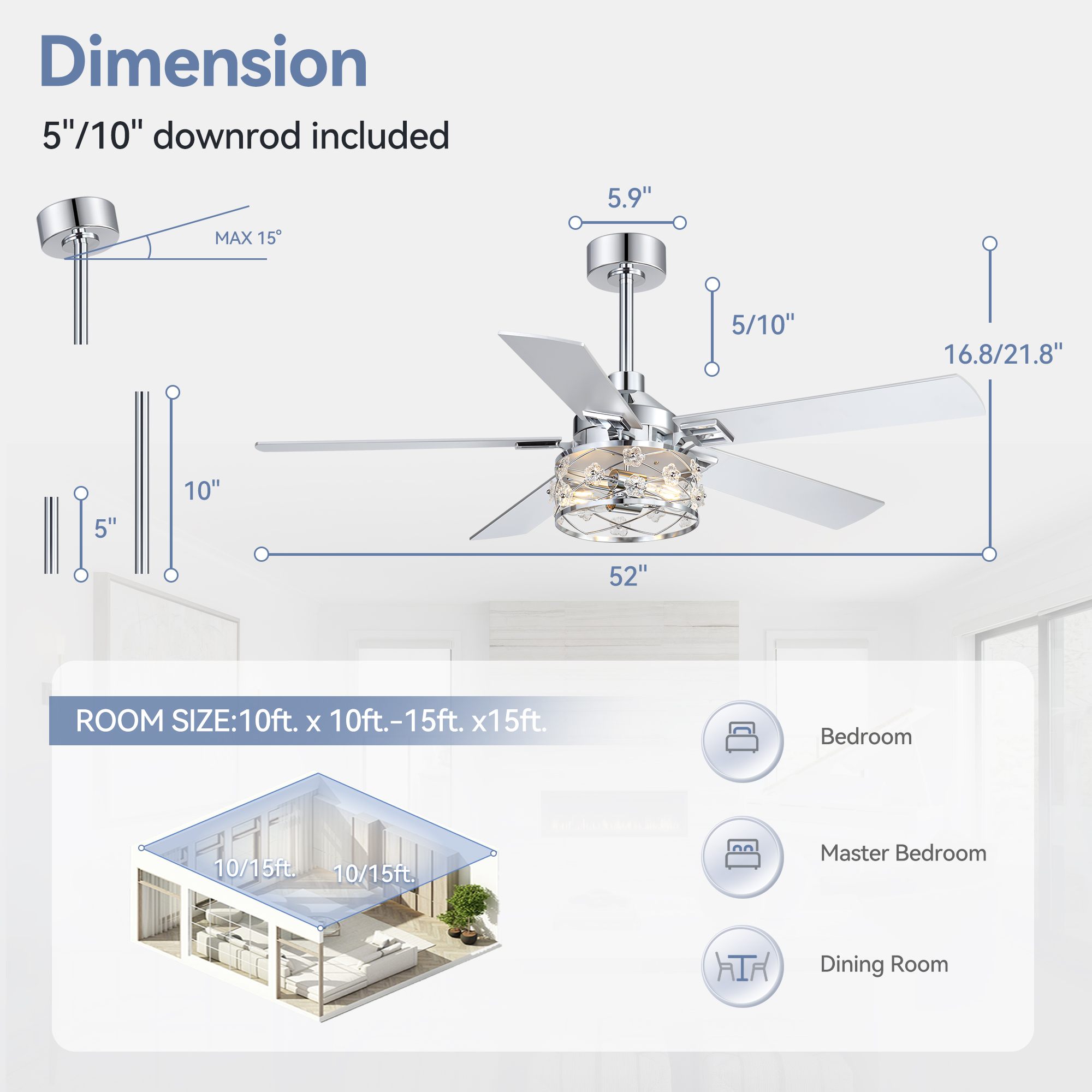 ALKAFY 52 inch Chrome Ceiling Fan with Lights - 5 Dual-Sided Blades, 6 Speeds, Remote, for Bedroom & Living Room
