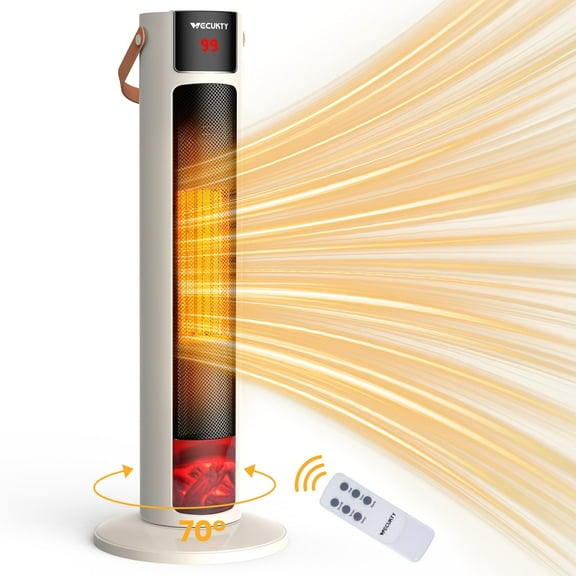 VECUKTY 26" Tower Space Heater with 3D Flame, 1500W Portable Electric Tower Electric Heater, 70 °Oscillation, 9H Timer,Remote Control for Indoor Bedroom Office Home