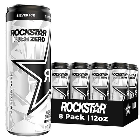 Rockstar Pure Zero Silver Ice Energy Drink, Sleek Can, 12 oz, 8pk