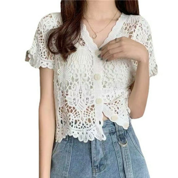 Women Summer French Style Short Sleeve Lace Shrug Hollow Out Crochet Knit Bolero Cardigan V-Neck Button Down Sheer Crop Top Jacket Beachwear