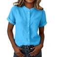 thumbnail image 3 of AKOEE Button Down Linen Shirts for Women Collarless Short Sleeve Casual Dressy Blouses Summer Tops Loose Fit (XL, Sky Blue), 3 of 8