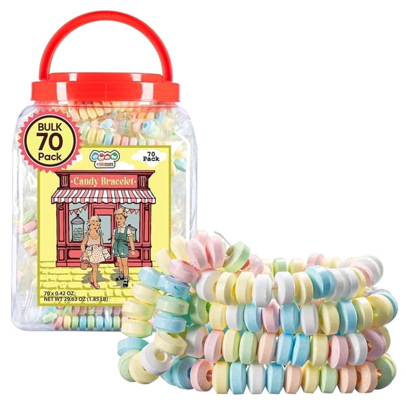 70 Candy Bracelets Individually Wrapped, Vintage Candy Jewelry for Kids, The Perfect Pastel Addition to your Candy Buffet, Princess-Themed Party or Goody Bags, by 4YoreElves, Pack of 70