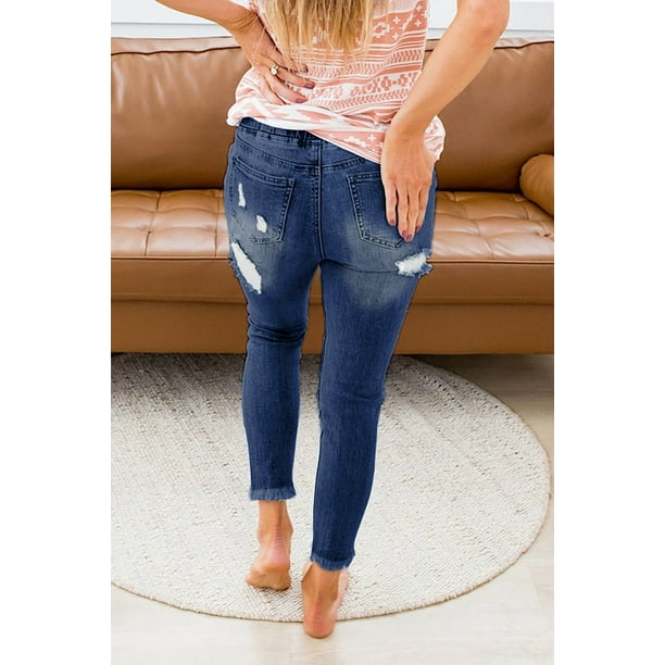 Blue High Waisted Elastic High Waisted Ripped Jeans With Hole