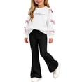 thumbnail image 6 of Auroural Girls Bow Sweatshirt Crewneck Long Sleeve Pullover Top Girl's Heart Shaped Printed Top Flare Pants Two-Piece Set Kids Fall, Winter, Cute, Casual, Big Girls, Drop Shoulder, School 5-15 Years, 6 of 8