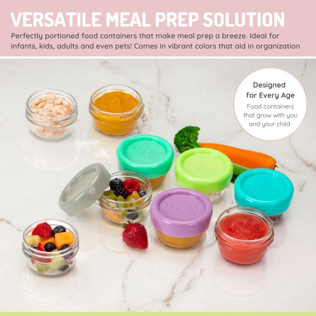 Melii Glass Baby Food Freezer Jars, Snack Container with Lids, BPA Free, Microwave & Dishwasher safe (4oz, set of 6) for Babies, Toddlers and Adults