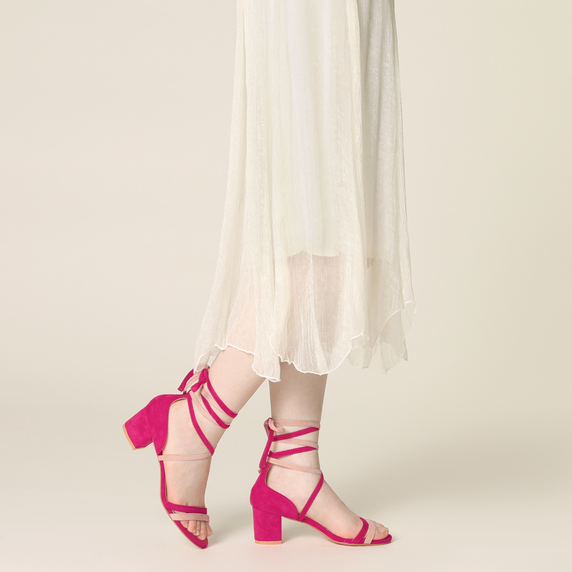 DARING DIVA Women's  Fashion Open Toe Lace Up Color Block Heel Sandals Hot Pink Beige 8.5