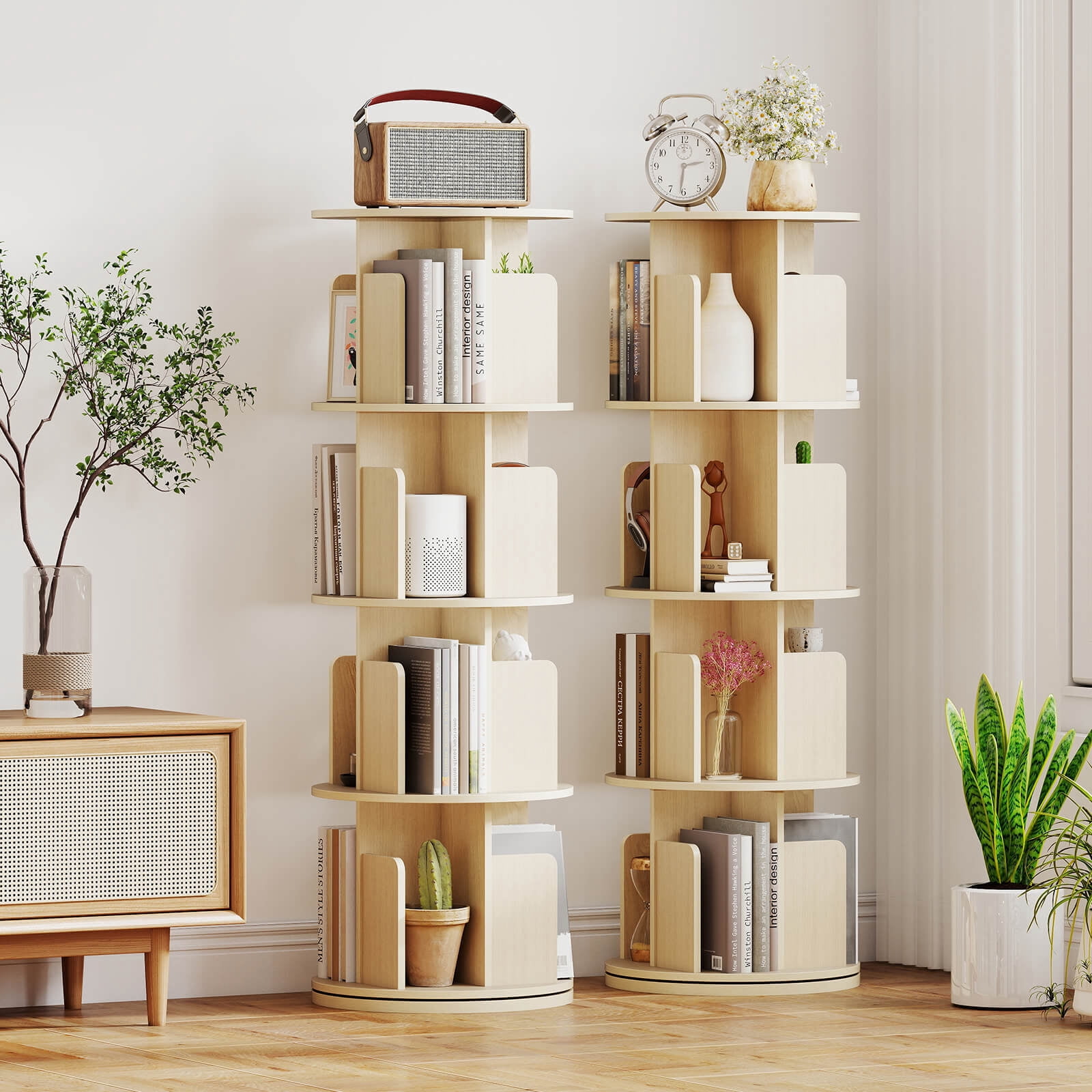 Costway 1 PCS 4-Tier Rotating Bookshelf 360° Display Rack with Dividers & Anti-falling Baffles Natural