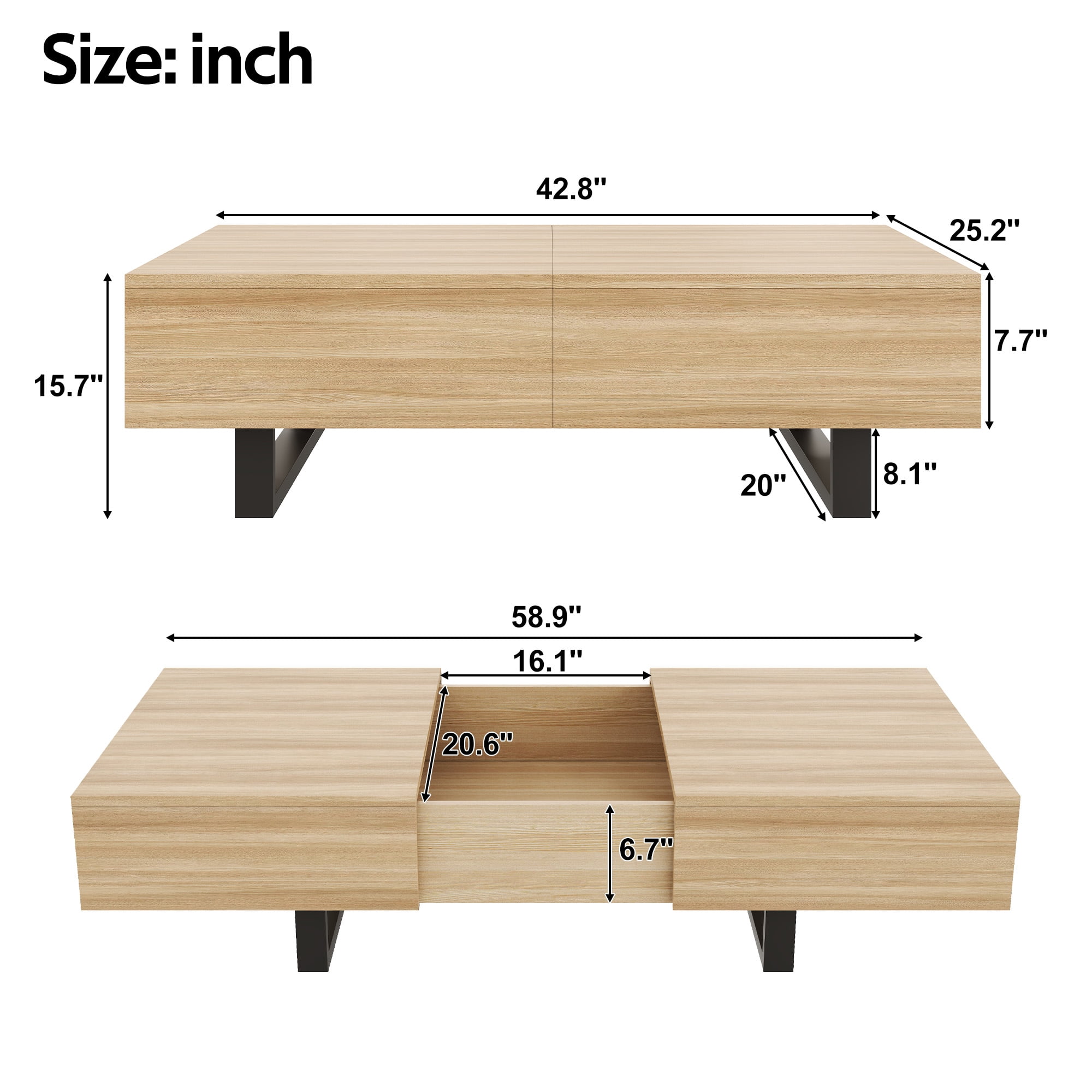 GARITIN Sliding Top Coffee Table with Hidden Storage, Expandable Wood Tabletop, Modern Mid-Century Coffee Table with Storage Compartment for Living Room, Natural