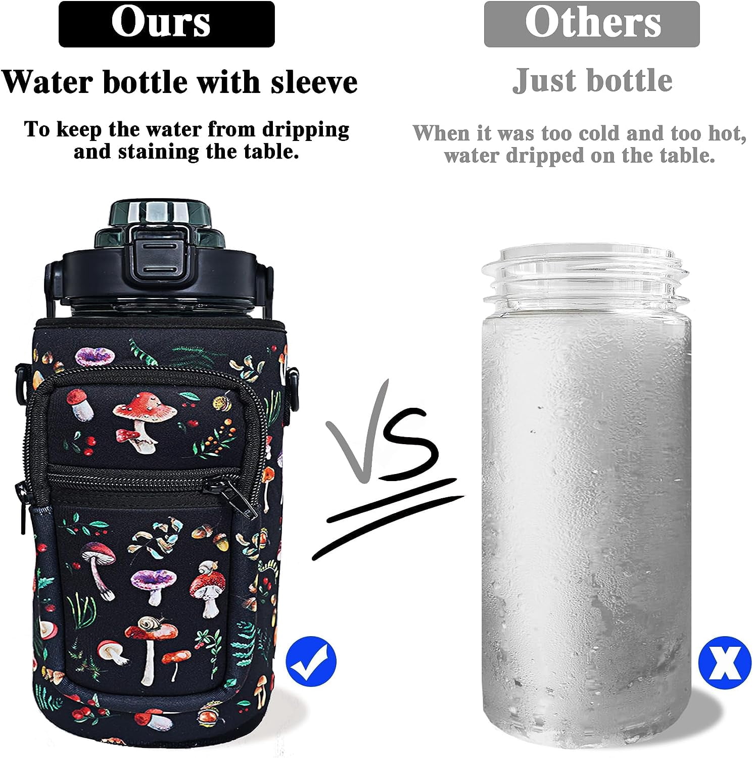 64 oz Water Bottle with Straw & Sleeve motivational BPA-free Half Gallon Water Bottle Holder with Strap Aesthetic Water Jugs for Drinking with Handle for Gym Women Men Mushroom