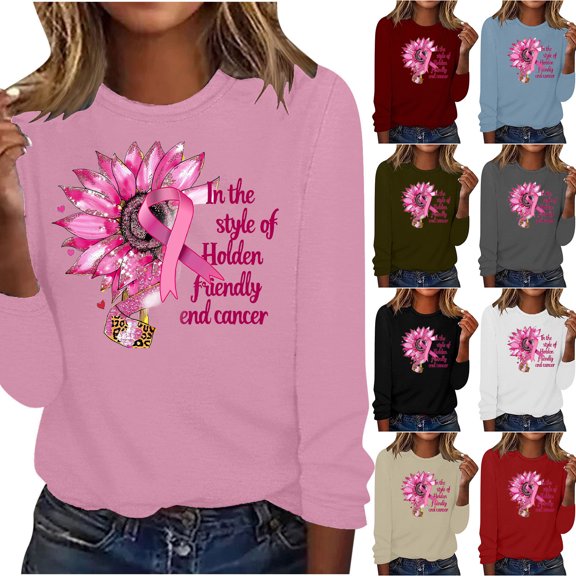VKOYWKM Pink Ribbon T-Shirt for Women Breast Cancer Long Sleeve T-Shirts Breast Cancer Awareness Shirt Loose Fit Crew Neck Cancer Survivor Shirt