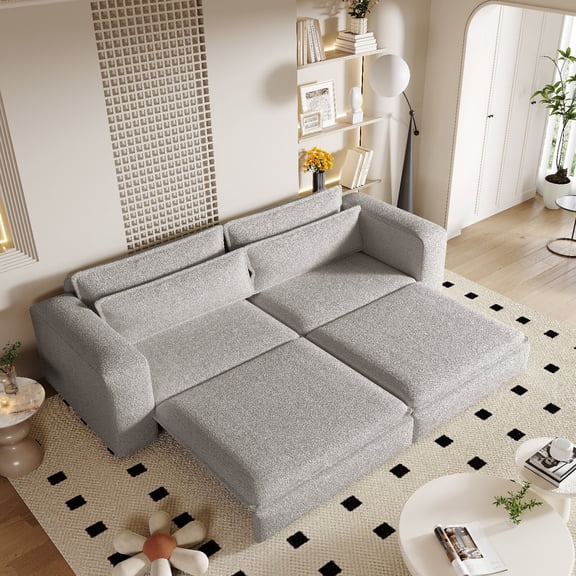 93" King Size Sleeper Sofa with  Pull Out Couch Bed, 3 in 1 Folding Convertible with Chaise Lounge and 3 Seat Teddy Sofa Couches with 2 Lumbar Pillows for Living Room,Aprtment,  Light Grey