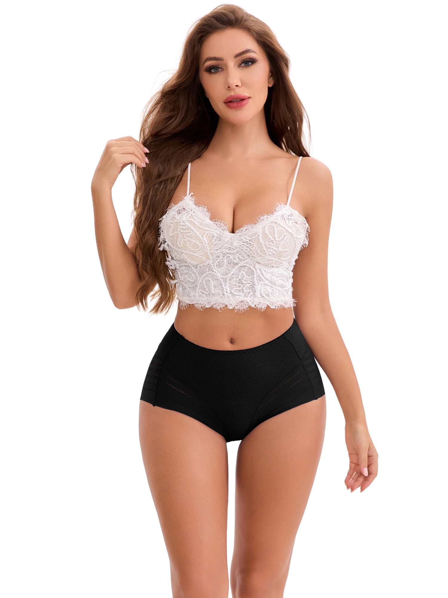 DARING DIVA Women's Lace Mesh High Waisted Invisible Tummy Control Panties M Black