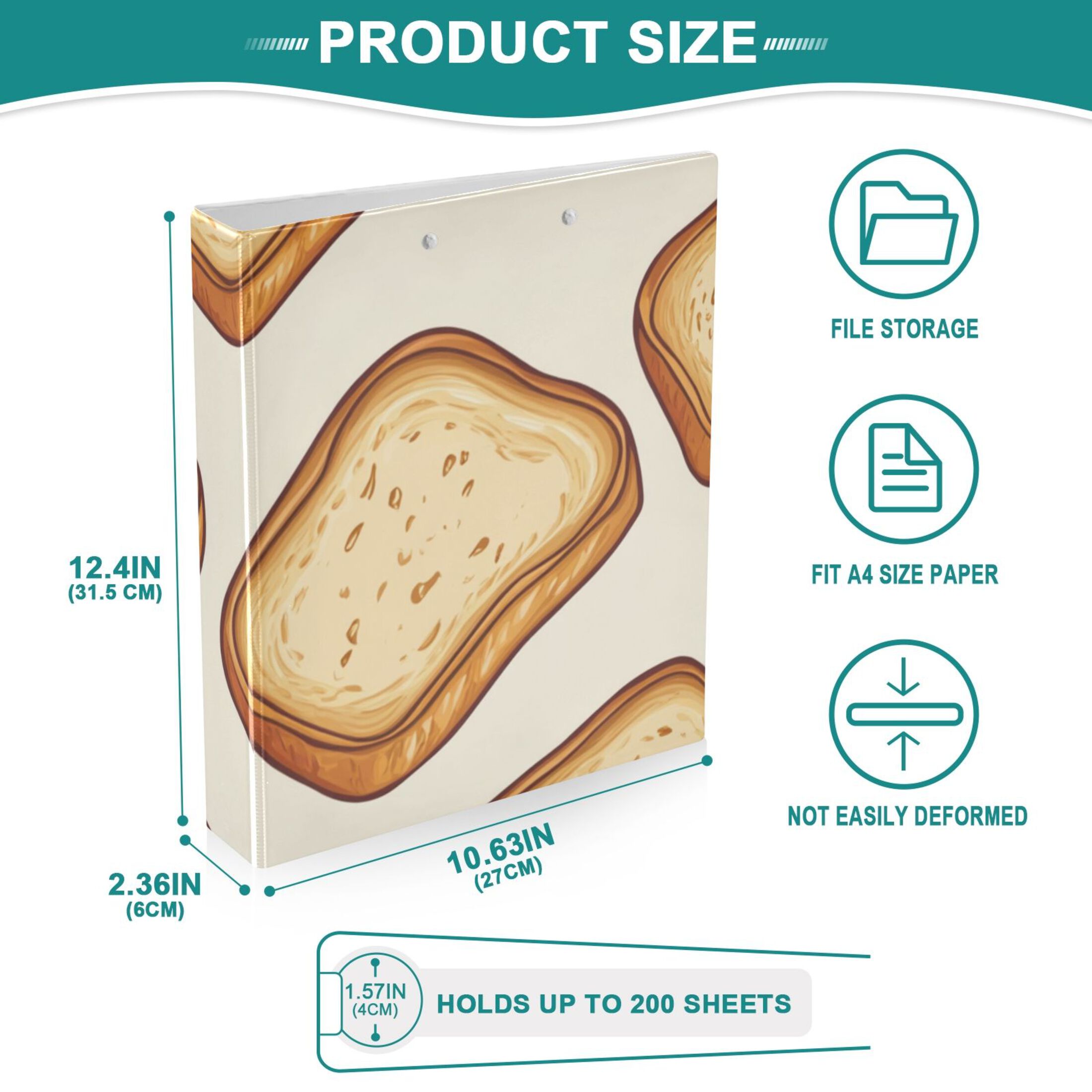 Bread Slices Cartoon 3 Ring Binders 1.5 inch Hardcover File Folders with Interior Pockets A4 Size Organizer for School Office Hospital