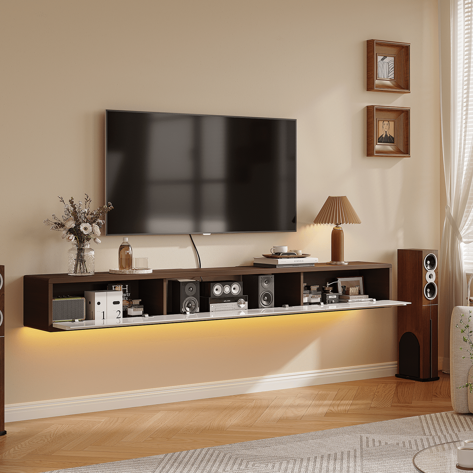 FloatiCasa 86" Floating TV Stand Wall Mounted Floating TV Shelf for TVs up to 90" Floating TV Console with 4 High Gloss Doors