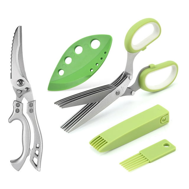 YOPTOP 2Pcs Stainless Steel Kitchen Tools,Kitchen Scissors,Herb Scissors,Multi-Blade Stainless Steel Herb Cutting Shears,Silver