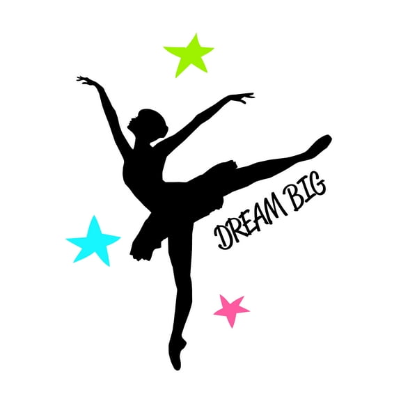 QUOTES - Ballerina Silhouette Multicolored Stars Decoration Dream Big Inspirational Quotes Lettering Art Design Vinyl Home Bedroom Wall Decal Sticker 16" x 20"