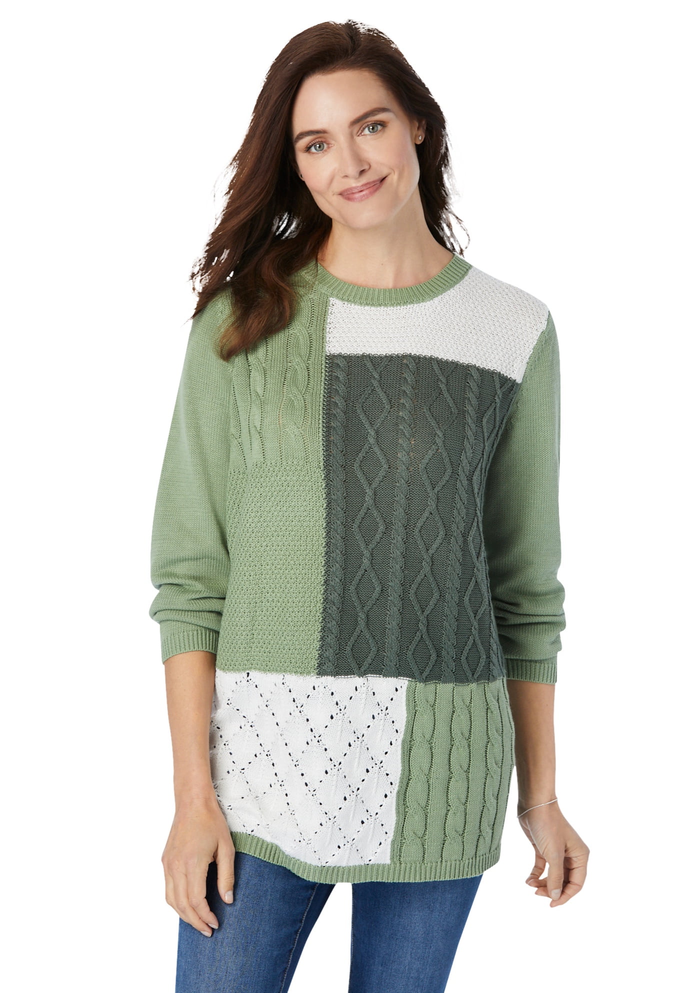 Woman Within Womens Plus Size Patchwork Long-Sleeve Pullover Sweater